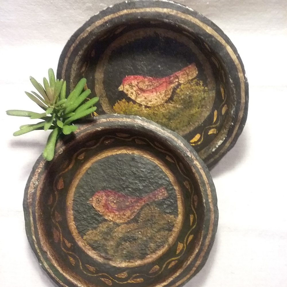 Bird Paper Mache Folkart Country Dish Bowl Moody